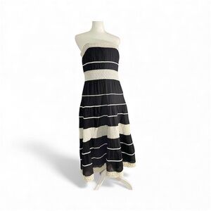 Ann Taylor Black/Off White Striped Strapless Lace Trim Midi Dress  Size 8